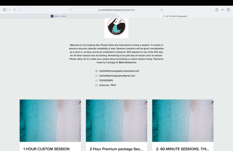 Text-based website layout showcasing various custom session packages with a blue color scheme.
