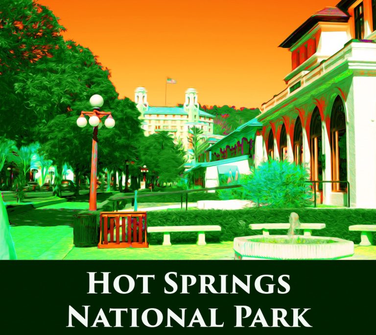 Colorful view of Hot Springs National Park with trees, benches, and historic architecture.