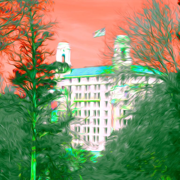 Arlington Hot Springs, Arkansas building with a green backdrop and orange sky, framed by trees.