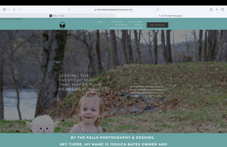Website landing page. Child playing on green grass by a river with trees in the background.
